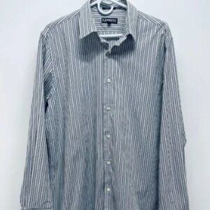 Express Shirt Size L Men’s Long Sleeve Button Down Fitted Gray White Striped